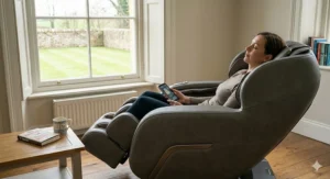Side profile illustration of a massage chair in the zero-gravity reclined position to improve circulation and enhance the heating effect.