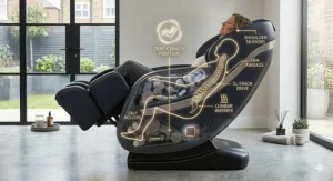 Illustration showing the zero gravity recline position on a massage chair to improve circulation and relieve spinal pressure.