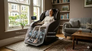 A side profile view showing a massage chair in a full zero-gravity recline position for weightless relaxation.