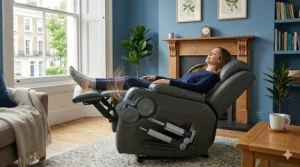 A photorealistic side-profile illustration showing the massage chair in a full zero-gravity recline position with the user's feet elevated above the heart for optimal relaxation.