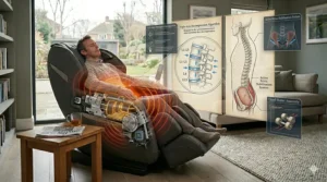 A side-profile illustration of a massage chair in zero gravity position, demonstrating how it reduces pressure on the lower back and vertebrae.