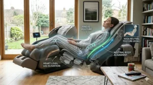 Diagram of the zero gravity reclining position with legs elevated above the heart level to improve circulation and reduce heart strain.