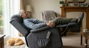 Profile view of a charcoal grey massage chair in a British living room, fully reclined into a zero-gravity position with the user's legs elevated to improve circulation.
