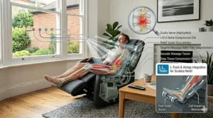 An orthopaedic illustration showing a magnifying view of the L4 and L5 nerve compression site alongside a diagram of the L-track and foot roller action for full-body relief.