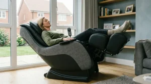 A side view of the massage chair in a zero-gravity recline position to enhance the reflexology experience and circulation.