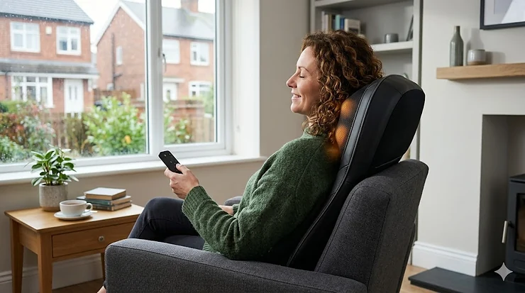 A high-quality 3D shiatsu massage chair cushion fitted onto a grey fabric armchair in a modern British living room, with natural daylight filtering in from a large window. 3D shiatsu massage chair cushion