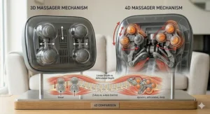 Comparison chart showing the increased depth and movement range of a 4D massager versus a 3D model.