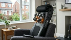 A detailed photorealistic illustration, in 4K resolution and natural light, showing the neck and shoulder massage nodes of the 3D shiatsu cushion with the headrest rolled back to reveal the height adjustment mechanism.