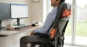 A 4D back massager secured to an ergonomic office chair for lumbar support while working.