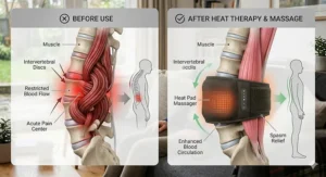 A detailed photorealistic comparison chart under natural light, showing on the left a diagram of a tense lower back with acute pain from a severe spasm and restricted blood flow, and on the right, the same back after use of the heat massager, with relaxed muscles, enhanced circulation, and spasm relief.