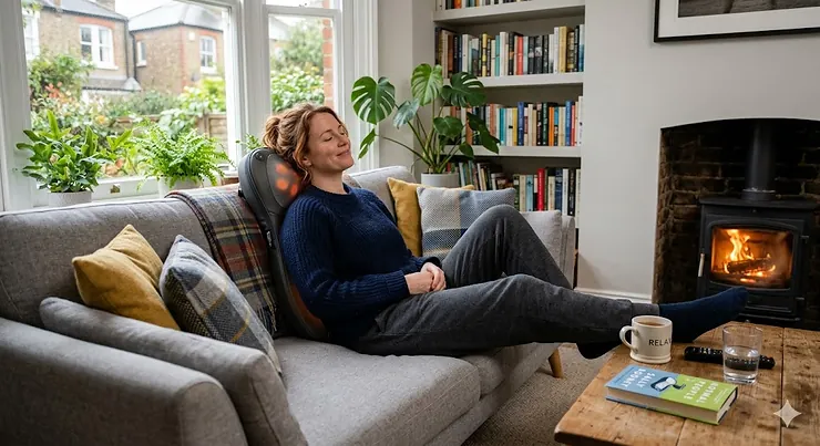 A person relaxing on a grey sofa using an affordable shiatsu back massager with heat settings to relieve muscle tension. affordable shiatsu back massager