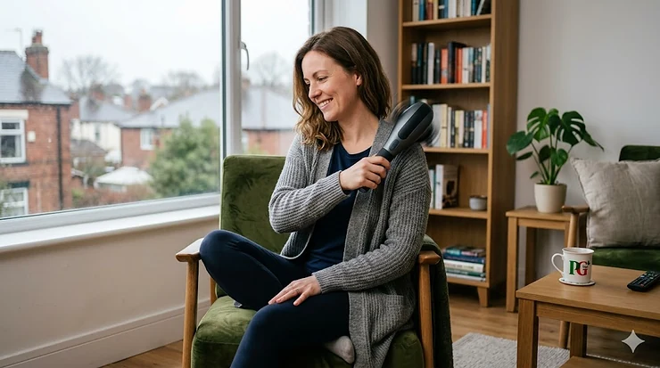A person using a handheld deep tissue back massager on their lower back to relieve muscle tension. deep tissue back massager