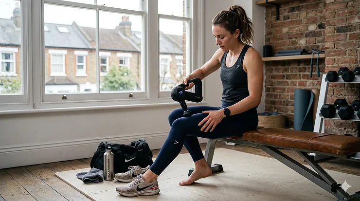 Professional athlete using a deep tissue massager for athletes on his quadriceps to aid muscle recovery after training. deep tissue massager for athletes