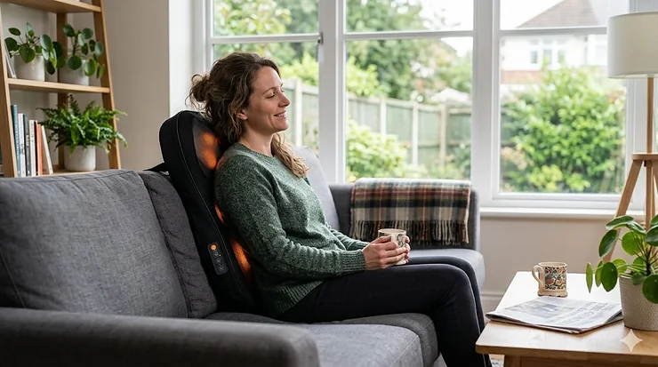 A woman relaxing on a living room sofa in the UK, using a heated back massager cushion for lower back pain relief while holding a mug. heated back massager