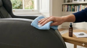 A close-up of a soft microfibre cloth wiping down the synthetic leather upholstery of a massage chair to maintain the material.
