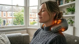 Close-up of a person enjoying a relaxing neck and shoulder massage with an advanced heated massage device.