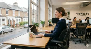 A professional corporate office workstation in the UK showing an executive mesh office chair with a fitted memory foam lumbar massager.