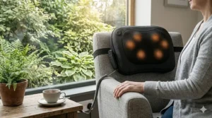 A black heated massage cushion with six glowing heat nodes strapped to a grey armchair, positioned next to a wooden side table with a cup of tea, next to a window overlooking a green garden.