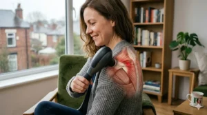 Close-up illustration of a massager head targeting a knot in the rhomboid muscle of the upper back.