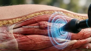 An illustrated diagram showing how a deep tissue massager for athletes penetrates muscle layers to release tension.