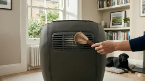 A high-definition, photorealistic close-up view capturing a woman’s hand carefully using a soft anti-static brush to clean the horizontal ventilation slats on the back of a dark grey leather massage chair in a sunlit British living room.