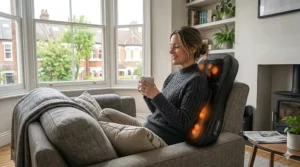 Side view of a woman comfortably using a lower back massager at home with natural light filtering through the window.