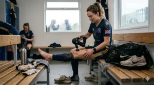 A British football player using a percussion massager on his calves in a changing room after a match.