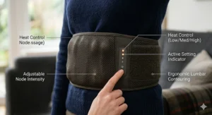 A detailed close-up illustration of the lower back massager's central control panel, showing the heat level indicator lights and functional buttons, with the textured mesh material and ergonomic contouring.