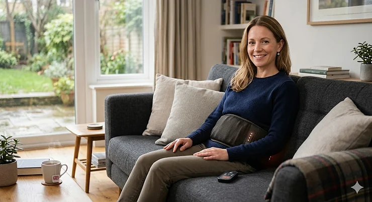A person relaxing on a living room sofa while using an electric heat therapy massager on their lower back to relieve chronic lumbar pain. heat therapy massager for lower back pain