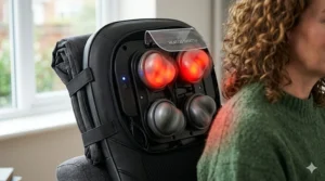 A 4K photorealistic close-up illustration showing the internal 3D shiatsu massage nodes glowing with a deep red-orange light, indicating active heat therapy during a back massage.