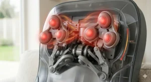 Close-up of the infrared heat function on a 4D massager to soothe lower back pain.