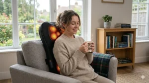 A smiling British woman in a cosy beige jumper using a heated back massager on an armchair while holding a steaming mug of tea.