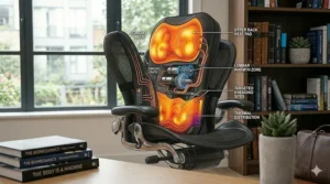 An infographic overlay showing the upper back heat pad, circuit path, lumbar warmth zone, and thermal distribution on a mesh back massager.