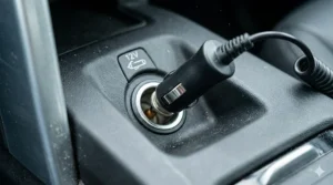A black 12V vehicle power adaptor plug being inserted into a car’s cigarette lighter socket.