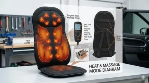 An infographic diagram detailing the features of a heated car seat massager, including targeted back massage nodes, heat zones, and the secure strap system.