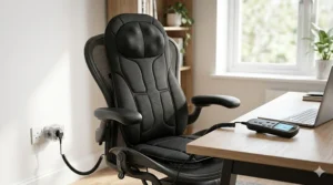 A black heated car seat massager pad fitted onto a mesh ergonomic office chair next to a desk, with its power lead plugged into a UK mains wall socket.