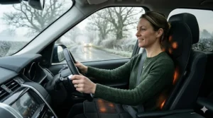 A smiling woman driving a right-hand-drive car on a misty UK country road while using a heated car seat massager with glowing back relief zones.