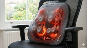 A photorealistic close-up illustration of the heated kneading massage cushion, showing a vibrant red-orange internal glow from the shiatsu nodes, highlighting the soothing warmth for lumbar support on an office chair.