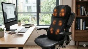 A heated back massager with glowing orange nodes attached to a black ergonomic office mesh chair at a wooden desk with a computer monitor.