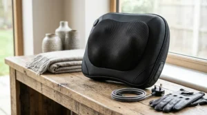 A premium black heated massage cushion displayed on a rustic wooden console table by a window, featuring a braided power cable, a standard three-pin UK power plug, and leather driving gloves.