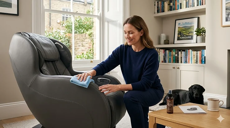 A woman in a navy jumper carefully wiping down a luxury charcoal leather massage chair with a blue microfibre cloth in a contemporary, sunlit British living room with sash windows and a Yorkshire landscape print in the background. massage chair maintenance