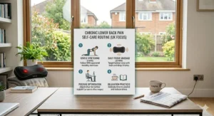 A clean infographic card detailing four distinct steps for daily back health management, with the 'Remedy' massager shown as step two.