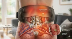 An instructional graphic showing how a heat therapy massager stimulates blood circulation and relaxes tense muscles in the lower back.