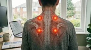 Diagram showing how a kneading back massager can be used on the lower back, neck, and shoulders.