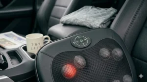 Close-up of the simple control panel on a massager for adjusting kneading speed and heat intensity.