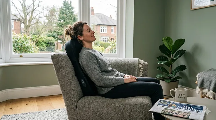 A person relaxing on a grey sofa using a deep-tissue kneading back massager to relieve muscle tension in a contemporary British living room. kneading back massager