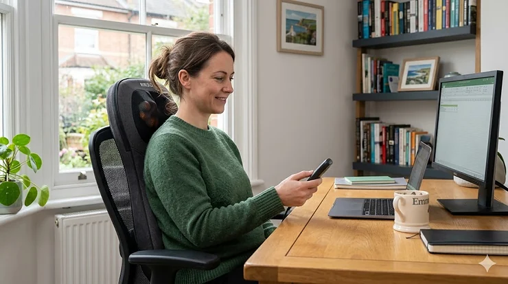 A professional person using a deep-kneading massage cushion on an ergonomic office chair in a bright UK home office. kneading massage cushion for office chair