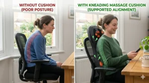 A photorealistic 4K detailed illustration of a kneading massage cushion. Focusing on a woman's hands on and near the surface, highlighting the embedded shiatsu nodes which are glowing with a warm orange light to indicate heat. In the background, the UK home office setting is softly blurred.