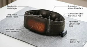 A diagram illustrating the key features of the lower back heat therapy massager, including adjustable lumbar straps and multiple temperature controls.