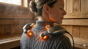 Detailed view of a shiatsu-style massager with glowing heat nodes positioned on a woman's shoulders for deep tissue relief.